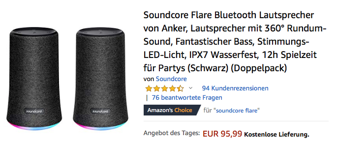 2er Pack Soundcore Flare Bluetooth Lautsprecher, schwarz 2er Pack Soundcore Flare Bluetooth Lautsprecher, schwarz