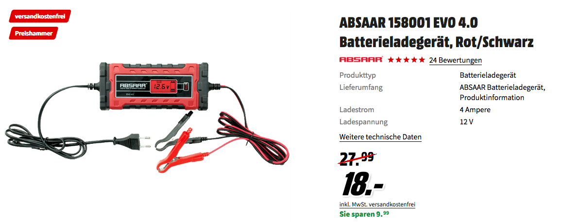 ABSAAR 158001 EVO 4.0 Batterieladegerät für Kfz-Batterien ABSAAR 158001 EVO 4.0 Batterieladegerät für Kfz-Batterien