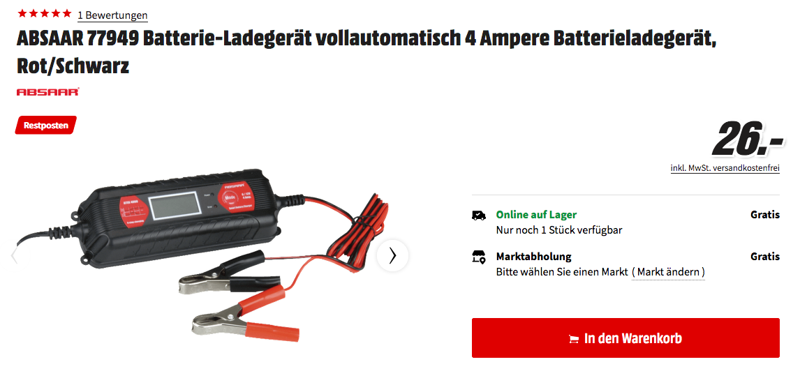 ABSAAR 77949 KFZ-Batterieladegerät, 6/12V-4 Ampere ABSAAR 77949 KFZ-Batterieladegerät, 6/12V-4 Ampere