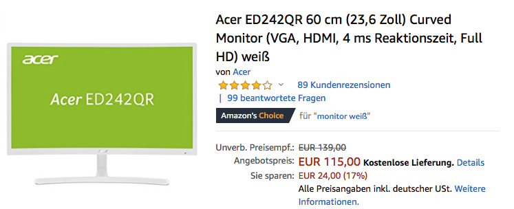 Acer ED242QR 60 cm (23,6 Zoll) Curved Monitor, weiß Acer ED242QR 60 cm (23,6 Zoll) Curved Monitor, weiß