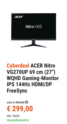 ACER Nitro VG270UP 69 cm (27") WQHD Gaming-Monitor (1 ms, 144Hz, HDMI/DP, FreeSync) ACER Nitro VG270UP 69 cm (27") WQHD Gaming-Monitor (1 ms, 144Hz, HDMI/DP, FreeSync)
