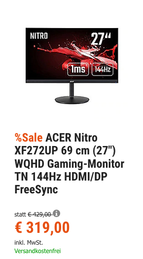 ACER Nitro XF272UP 69 cm (27") WQHD Gaming-Monitor (1 ms, 144Hz, FreeSync) ACER Nitro XF272UP 69 cm (27") WQHD Gaming-Monitor (1 ms, 144Hz, FreeSync)