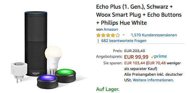 Alexa Geburtstags-Bundle: Echo Plus (1. Gen.), Schwarz + Woox Smart Plug + Echo Buttons + Philips Hue White - jetzt 51% billiger Alexa Geburtstags-Bundle: Echo Plus (1. Gen.), Schwarz + Woox Smart Plug + Echo Buttons + Philips Hue White - jetzt 51% billiger