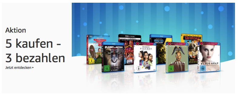 Amazon: 5 DVDs & Blu-rays kaufen - 3 bezahlen Amazon: 5 DVDs & Blu-rays kaufen - 3 bezahlen
