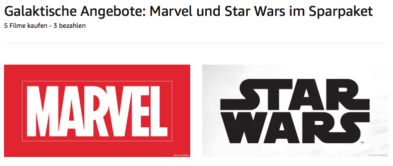 Amazon Aktion: 5 Marvel und Star Wars Filme kaufen - 3 bezahlen Amazon Aktion: 5 Marvel und Star Wars Filme kaufen - 3 bezahlen