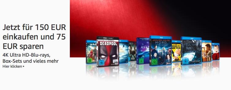 Amazon: Für 150 EUR DVD & Blu-ray kaufen - 75 EUR sparen - Aktion (bis 28 Okt. 2018) - jetzt 48% billiger Amazon: Für 150 EUR DVD & Blu-ray kaufen - 75 EUR sparen - Aktion (bis 28 Okt. 2018) - jetzt 48% billiger