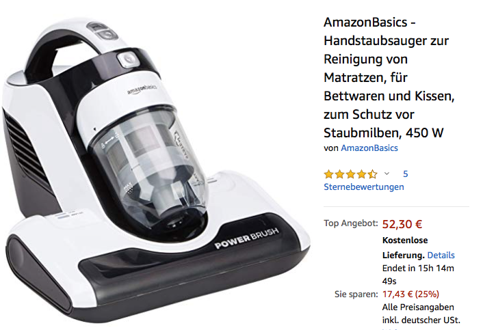 AmazonBasics Handstaubsauger zur Reinigung von Matratzen, 450 W AmazonBasics Handstaubsauger zur Reinigung von Matratzen, 450 W