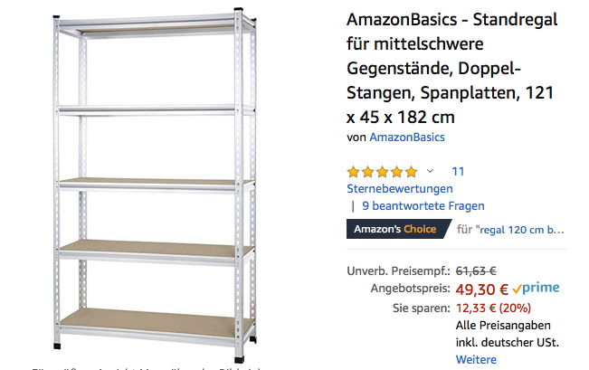 AmazonBasics - Standregal für mittelschwere Gegenstände, 121 x 45 x 182 cm AmazonBasics - Standregal für mittelschwere Gegenstände, 121 x 45 x 182 cm
