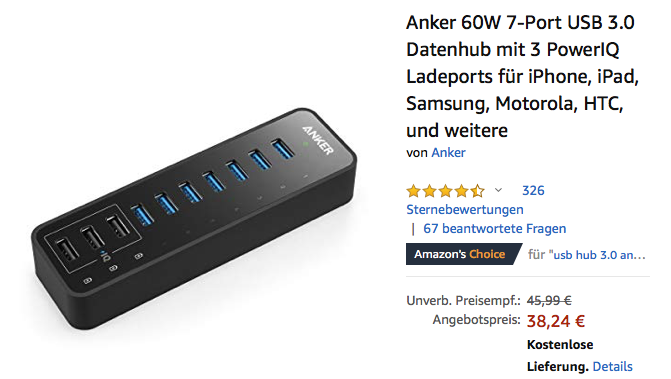 Anker 60W 7-Port USB 3.0 Datenhub mit 3 PowerIQ Ladeports (A7515311) Anker 60W 7-Port USB 3.0 Datenhub mit 3 PowerIQ Ladeports (A7515311)
