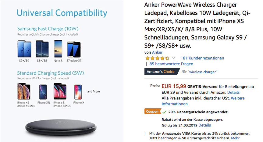 Anker PowerWave Wireless Charger Ladepad 10W, kabelloses Ladegerät, Qi-Zertifiziert Anker PowerWave Wireless Charger Ladepad 10W, kabelloses Ladegerät, Qi-Zertifiziert