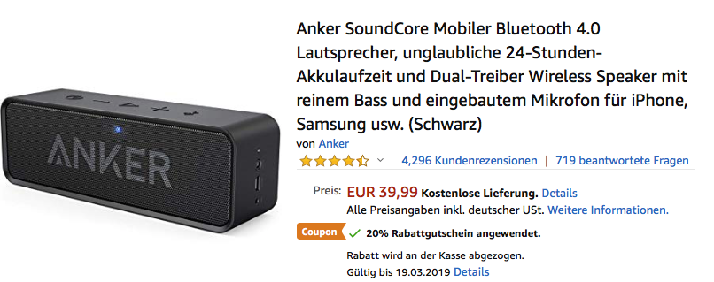 Anker SoundCore Bluetooth Lautsprecher, schwarz Anker SoundCore Bluetooth Lautsprecher, schwarz