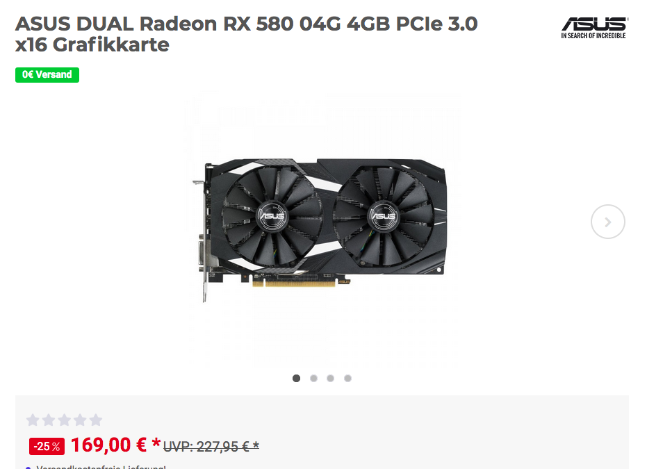 Asus Dual-RX580-O4G Radeon Gaming Grafikkarte (1.380 MHz, 4GB, PCIe 3.0 x16) Asus Dual-RX580-O4G Radeon Gaming Grafikkarte (1.380 MHz, 4GB, PCIe 3.0 x16)