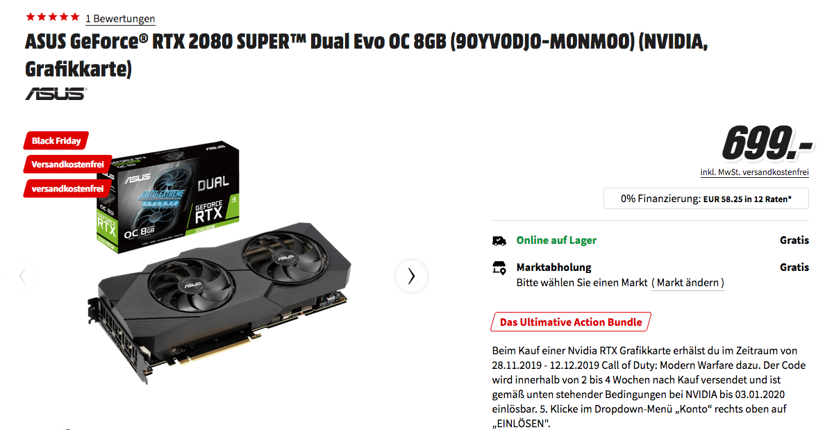 ASUS GeForce® RTX 2080 SUPER Dual Evo OC 8GB Gaming Grafikkarte (90YV0DJ0-M0NM00) ASUS GeForce® RTX 2080 SUPER Dual Evo OC 8GB Gaming Grafikkarte (90YV0DJ0-M0NM00)