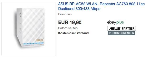 ASUS RP-AC52 WLAN-Repeater mit Geschwindigkeiten bis zu 433 Mb/s (2,4 GHz) und 300 Mb/s (5 GHz) - jetzt 33% billiger ASUS RP-AC52 WLAN-Repeater mit Geschwindigkeiten bis zu 433 Mb/s (2,4 GHz) und 300 Mb/s (5 GHz) - jetzt 33% billiger