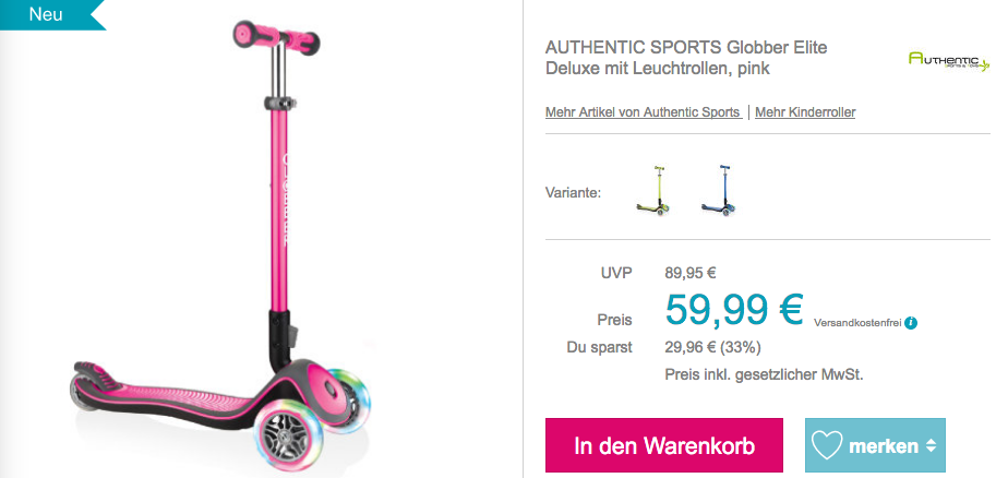 AUTHENTIC SPORTS "Globber Elite Deluxe" Scooter mit Leuchtrollen, versch. Farben AUTHENTIC SPORTS "Globber Elite Deluxe" Scooter mit Leuchtrollen, versch. Farben