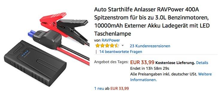 Auto Starthilfe Anlasser RAVPower 400A, Akku Ladegerät mit LED Taschenlampe - jetzt 22% billiger Auto Starthilfe Anlasser RAVPower 400A, Akku Ladegerät mit LED Taschenlampe - jetzt 22% billiger