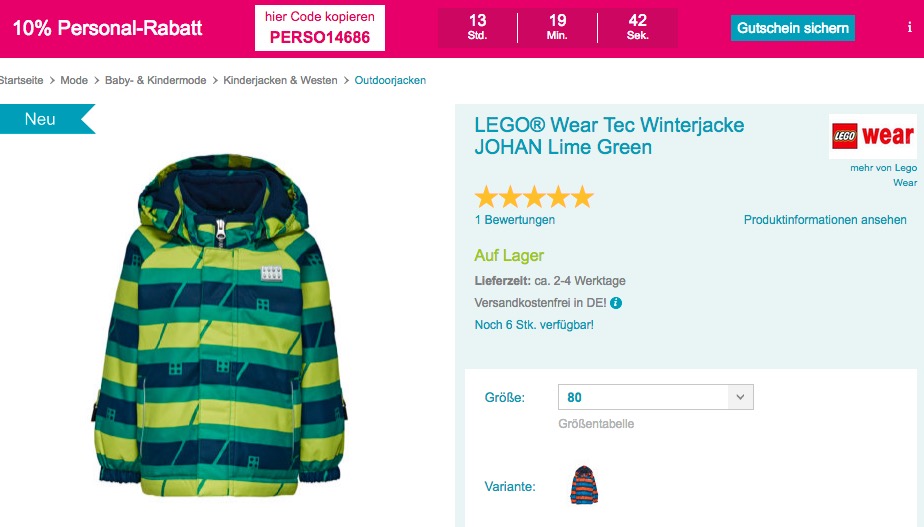 Babymarkt.de - 10% Rabatt auf fast alles am 11.11.18: z.B. LEGO® Wear Tec Jungen-Winterjacke JOHAN Lime Green oder Dark Navy - jetzt 16% billiger Babymarkt.de - 10% Rabatt auf fast alles am 11.11.18: z.B. LEGO® Wear Tec Jungen-Winterjacke JOHAN Lime Green oder Dark Navy - jetzt 16% billiger