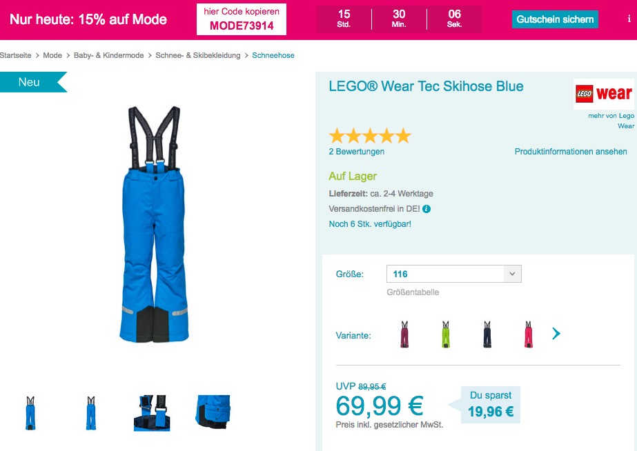 Babymarkt.de - 15% Rabatt auf Mode am 5.11.18: z.B. LEGO® Wear Tec Skihose - jetzt 34% billiger Babymarkt.de - 15% Rabatt auf Mode am 5.11.18: z.B. LEGO® Wear Tec Skihose - jetzt 34% billiger