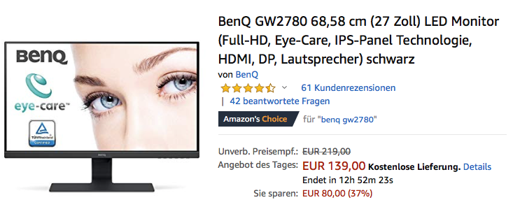 BenQ GW2780 68,58 cm (27 Zoll) LED Monitor (Full-HD, Eye-Care, IPS-Panel Technologie, HDMI, DP, Lautsprecher) BenQ GW2780 68,58 cm (27 Zoll) LED Monitor (Full-HD, Eye-Care, IPS-Panel Technologie, HDMI, DP, Lautsprecher)