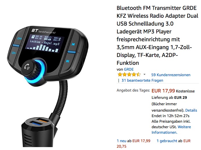 Bluetooth FM Transmitter GRDE BT70 mit Ladegerät, MP3 Player und Freisprecheinrichtung - jetzt 27% billiger Bluetooth FM Transmitter GRDE BT70 mit Ladegerät, MP3 Player und Freisprecheinrichtung - jetzt 27% billiger