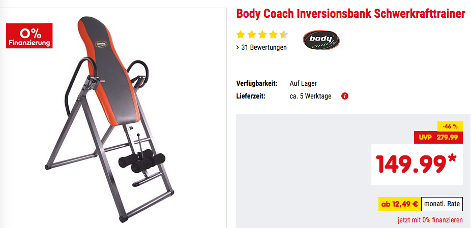 Body Coach Inversionsbank/Schwerkrafttrainer, max. 100 kg Body Coach Inversionsbank/Schwerkrafttrainer, max. 100 kg