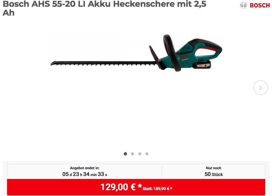 Bosch AHS 55-20 LI Akku Heckenschere mit 2,5 Ah Akku und Schnelllader - jetzt 10% billiger Bosch AHS 55-20 LI Akku Heckenschere mit 2,5 Ah Akku und Schnelllader - jetzt 10% billiger