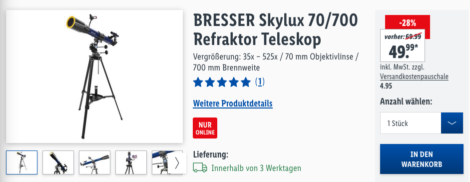 BRESSER Skylux 70/700 Refraktor Teleskop, 700 mm Brennweite BRESSER Skylux 70/700 Refraktor Teleskop, 700 mm Brennweite