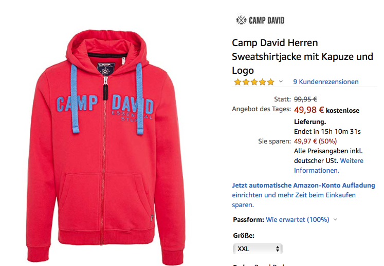 Camp David Herren Sweatshirtjacke mit Kapuze und Logo, Royal Red (L-XXL) Camp David Herren Sweatshirtjacke mit Kapuze und Logo, Royal Red (L-XXL)