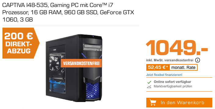 CAPTIVA I48-535 Gaming PC (i7-8700 Prozessor, 16 GB RAM, 960 GB SSD, GeForce GTX 1060 3 GB) CAPTIVA I48-535 Gaming PC (i7-8700 Prozessor, 16 GB RAM, 960 GB SSD, GeForce GTX 1060 3 GB)