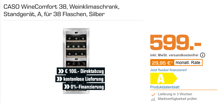 CASO WineComfort 38 Weinklimaschrank, silber CASO WineComfort 38 Weinklimaschrank, silber