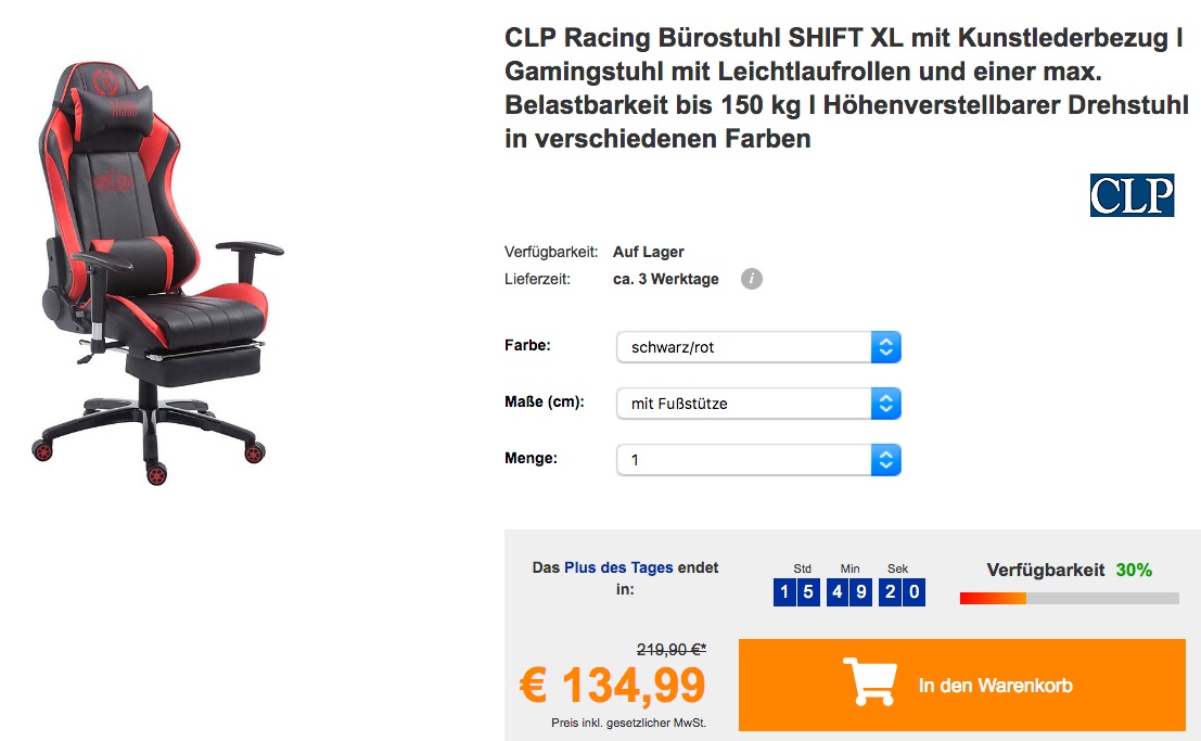 CLP Racing Bürostuhl SHIFT XL mit Kunstlederbezug und Fußstütze CLP Racing Bürostuhl SHIFT XL mit Kunstlederbezug und Fußstütze