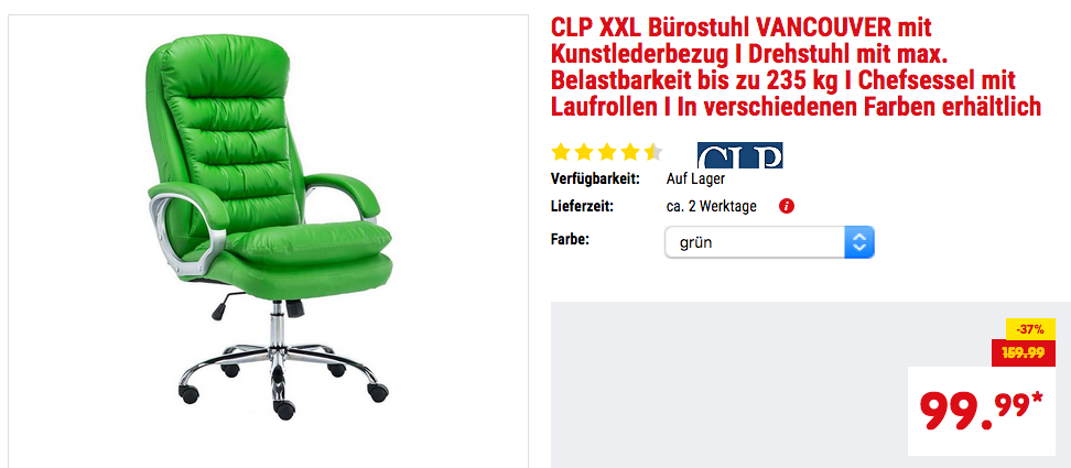 CLP XXL Bürostuhl/Chefsessel VANCOUVER mit Kunstlederbezug in versch. Farben CLP XXL Bürostuhl/Chefsessel VANCOUVER mit Kunstlederbezug in versch. Farben
