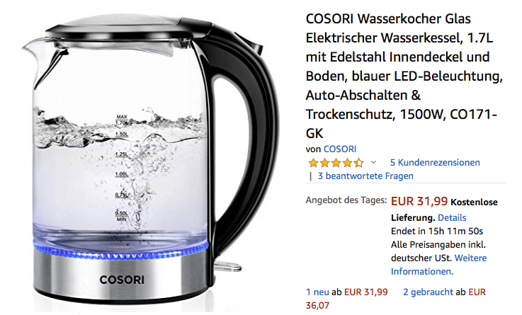 COSORI Wasserkocher Glas, 1.7L, 1500W COSORI Wasserkocher Glas, 1.7L, 1500W