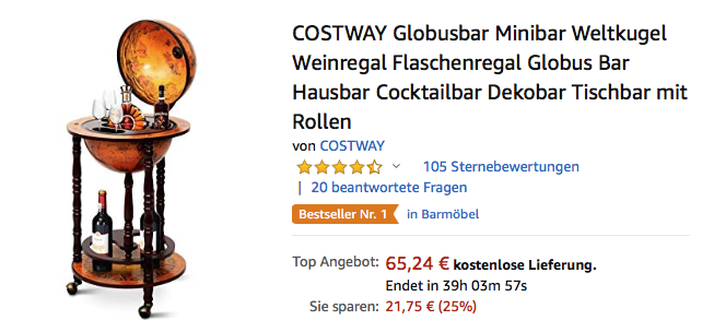 COSTWAY Globusbar aus Massivholz, 45 x 45 x 88 cm COSTWAY Globusbar aus Massivholz, 45 x 45 x 88 cm