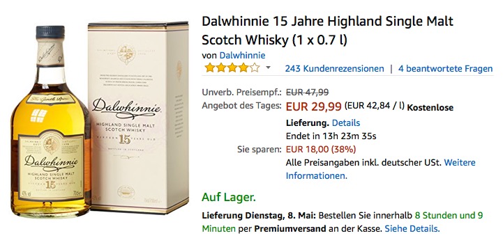 Dalwhinnie 15 Jahre Highland Single Malt Scotch Whisky (1 x 0.7 l) - jetzt 27% billiger Dalwhinnie 15 Jahre Highland Single Malt Scotch Whisky (1 x 0.7 l) - jetzt 27% billiger