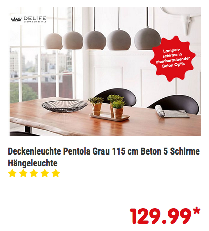 Deckenleuchte Pentola mit 5 Hängeleuchten Beton Optik, 115 cm Deckenleuchte Pentola mit 5 Hängeleuchten Beton Optik, 115 cm