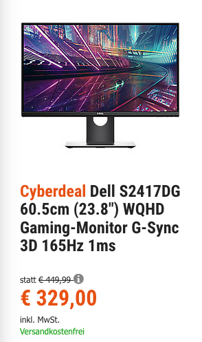 Dell S2417DG 60.5cm (23.8") WQHD Gaming-Monitor (3D, 1ms ) Dell S2417DG 60.5cm (23.8") WQHD Gaming-Monitor (3D, 1ms )