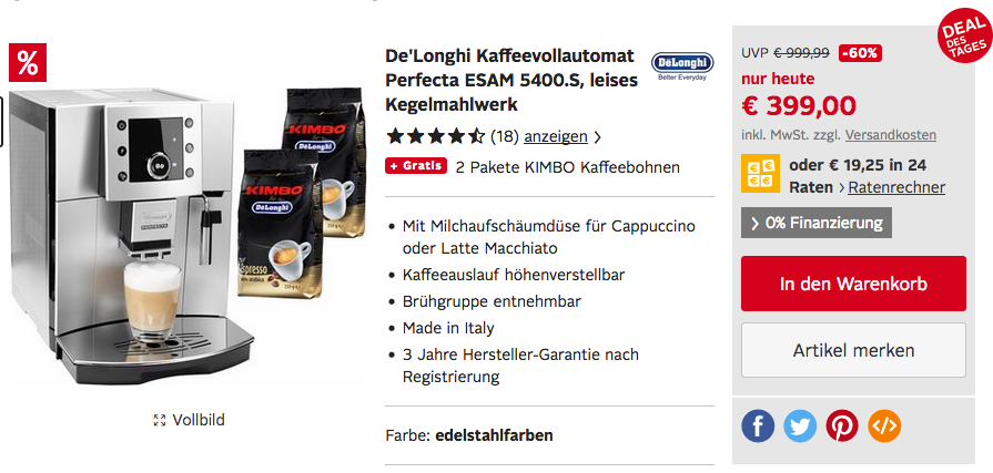 De'Longhi Perfecta ESAM 5400 Kaffeevollautomat inkl. 2 Pakete KIMBO Kaffeebohnen De'Longhi Perfecta ESAM 5400 Kaffeevollautomat inkl. 2 Pakete KIMBO Kaffeebohnen