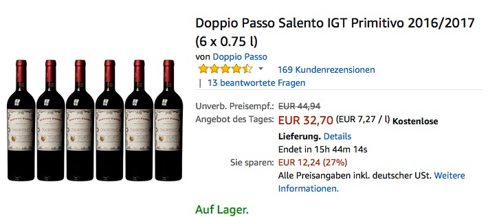 Doppio Passo Salento IGT Primitivo 2016/2017 (6 x 0.75 l) - jetzt 18% billiger Doppio Passo Salento IGT Primitivo 2016/2017 (6 x 0.75 l) - jetzt 18% billiger
