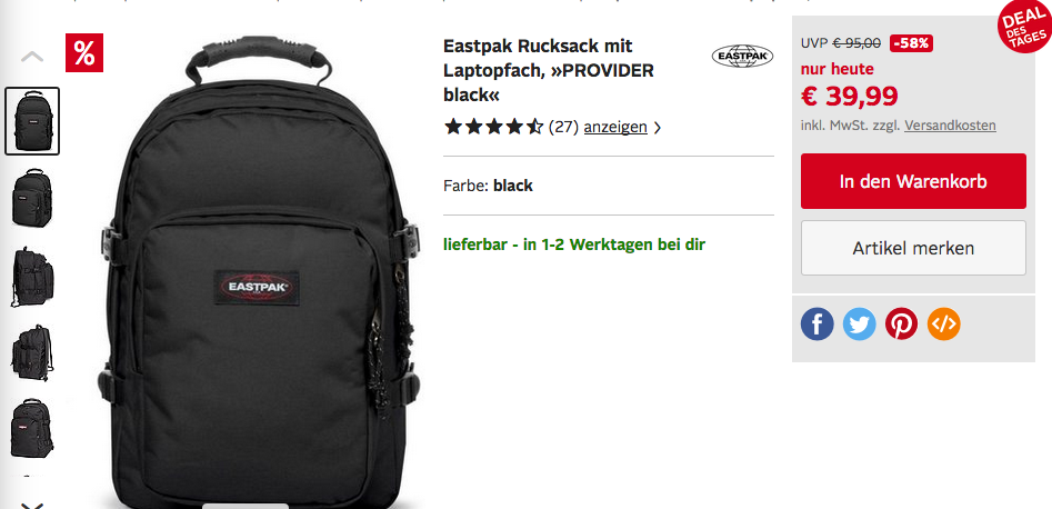 Eastpak Rucksack "PROVIDER black" mit Laptopfach, 44 cm, 33L Eastpak Rucksack "PROVIDER black" mit Laptopfach, 44 cm, 33L