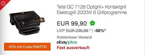 Ebay - 10% Rabatt auf ausgewählte Technik: z.B. Tefal GC 7128 Optigrill+ elektrische Kontaktgrill - jetzt 10% billiger Ebay - 10% Rabatt auf ausgewählte Technik: z.B. Tefal GC 7128 Optigrill+ elektrische Kontaktgrill - jetzt 10% billiger