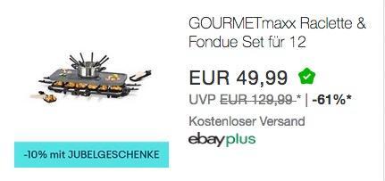 Ebay - 10% Rabatt auf ausgewählte Artikel bis zum 19.12.18: z.B. GOURMETmaxx Raclette & Fondue Set für 12 Personen - jetzt 10% billiger Ebay - 10% Rabatt auf ausgewählte Artikel bis zum 19.12.18: z.B. GOURMETmaxx Raclette & Fondue Set für 12 Personen - jetzt 10% billiger