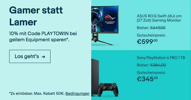 Ebay - 10% Rabatt auf ausgewählte Gaming Artikel: z.B. Sony PlayStation 4 Pro 1TB Konsole in Schwarz Ebay - 10% Rabatt auf ausgewählte Gaming Artikel: z.B. Sony PlayStation 4 Pro 1TB Konsole in Schwarz