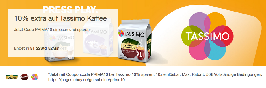 Ebay - 10% Rabatt auf TASSIMO Kaffee Kapseln: z.B. TASSIMO Kaffee Kapseln Vielfaltspaket Ebay - 10% Rabatt auf TASSIMO Kaffee Kapseln: z.B. TASSIMO Kaffee Kapseln Vielfaltspaket