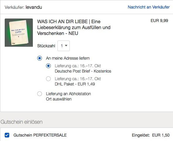 Ebay - 15% Rabatt auf Bücher, Uhren & Schmuck, Beauty & Gesundheit, Filme & DVDs und CDs: z.B. WAS ICH AN DIR LIEBE | Eine Liebeserklärung zum Ausfüllen und Verschenken - jetzt 15% billiger Ebay - 15% Rabatt auf Bücher, Uhren & Schmuck, Beauty & Gesundheit, Filme & DVDs und CDs: z.B. WAS ICH AN DIR LIEBE | Eine Liebeserklärung zum Ausfüllen und Verschenken - jetzt 15% billiger