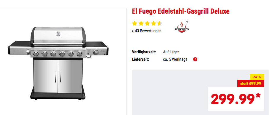 El Fuego Edelstahl-Gasgrill "Deluxe", 6+1 Brenner, 21,08 kW El Fuego Edelstahl-Gasgrill "Deluxe", 6+1 Brenner, 21,08 kW