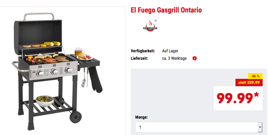 El Fuego Gasgrill "Ontario", 7,05 kW (3 Hauptbrenner je 2,35 kW) El Fuego Gasgrill "Ontario", 7,05 kW (3 Hauptbrenner je 2,35 kW)