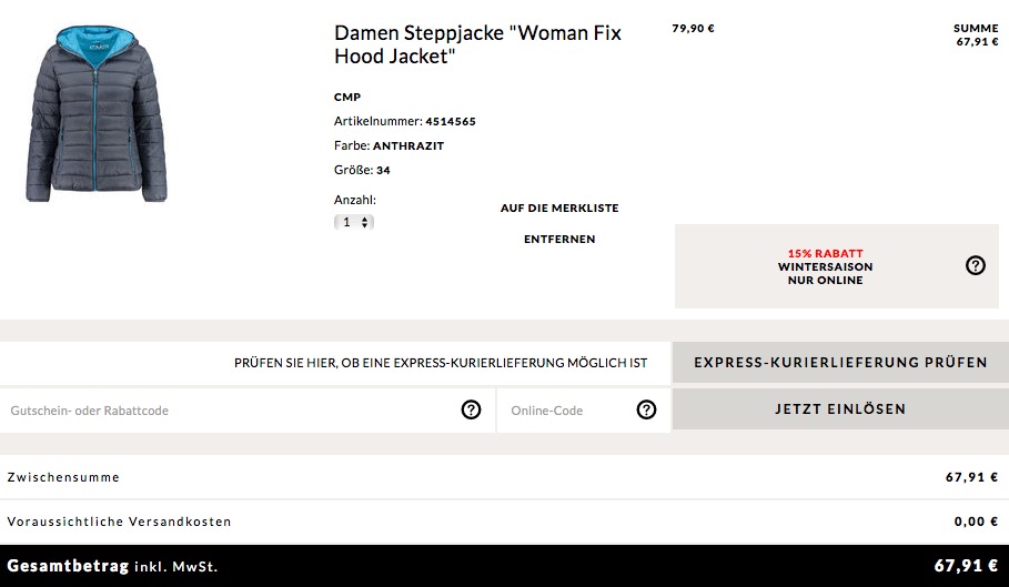 Engelhorn - 15% Extra-Rabatt auf ausgewählte Wintersaison-Artikel: z.B. CMP Damen Steppjacke "Woman Fix Hood Jacket" in Anthrazit, Rot oder Aqua Engelhorn - 15% Extra-Rabatt auf ausgewählte Wintersaison-Artikel: z.B. CMP Damen Steppjacke "Woman Fix Hood Jacket" in Anthrazit, Rot oder Aqua