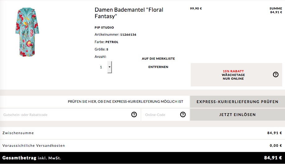 Engelhorn - 15% Extra-Rabatt auf ausgewählte Wäsche: z.B. PiP Studio Damen Bademantel "Floral Fantasy" Engelhorn - 15% Extra-Rabatt auf ausgewählte Wäsche: z.B. PiP Studio Damen Bademantel "Floral Fantasy"