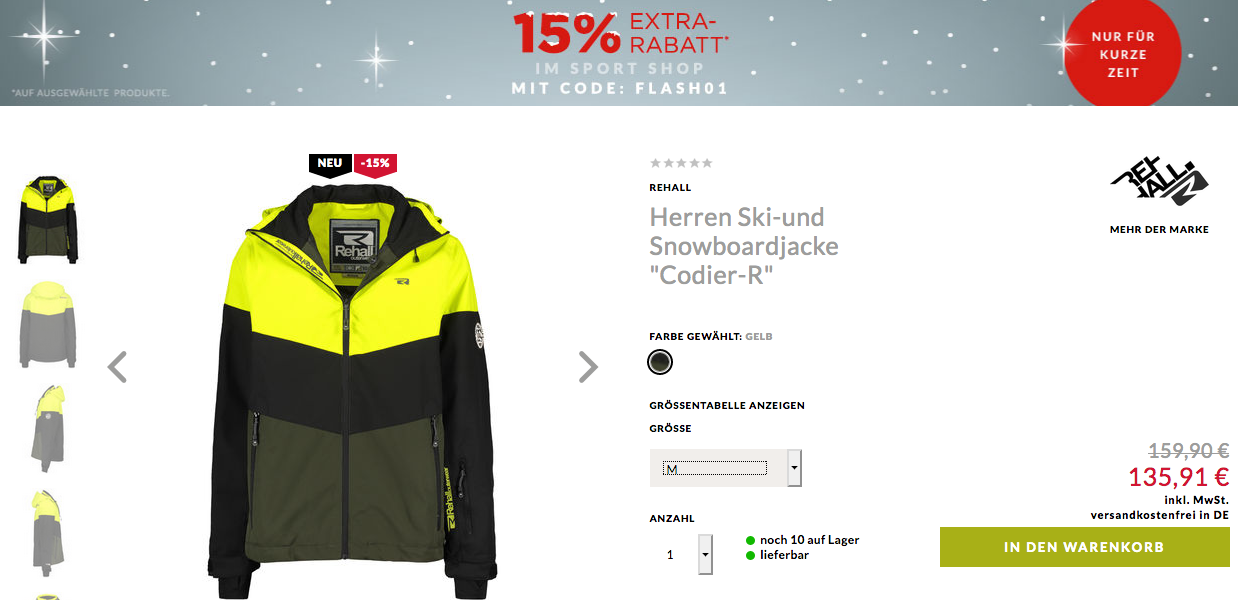 Engelhorn - 15% Extra-Rabatt aus Sale: z.B. Rehall Herren Ski-und Snowboardjacke "Codier-R" Engelhorn - 15% Extra-Rabatt aus Sale: z.B. Rehall Herren Ski-und Snowboardjacke "Codier-R"